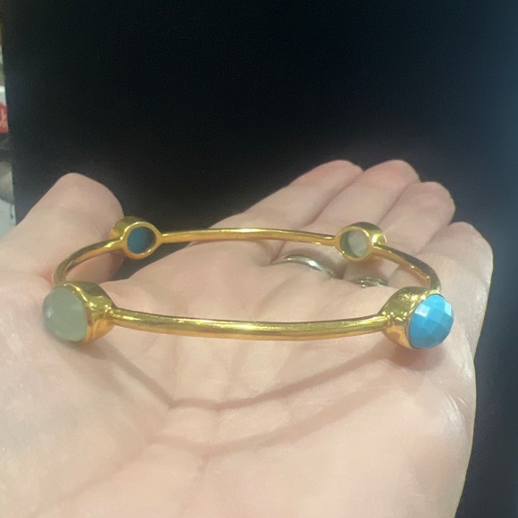 JCM Jewelry - JCM Bangle Bracelet 8" Bronze Turquoise Gemstone India Vintage Gold Tone